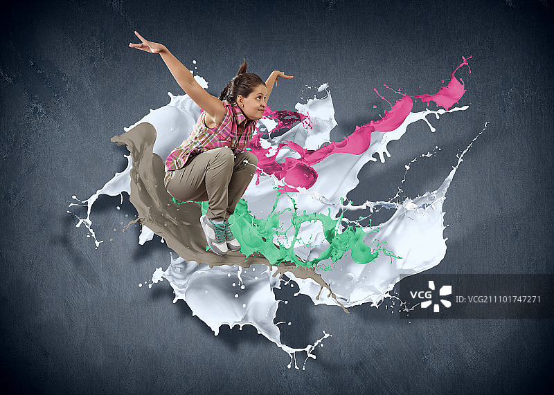 现代舞者跳跃和水彩飞溅插画图片素材