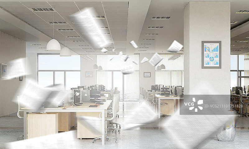 优雅的办公室内部：现代化的空旷办公室室内设计图片素材