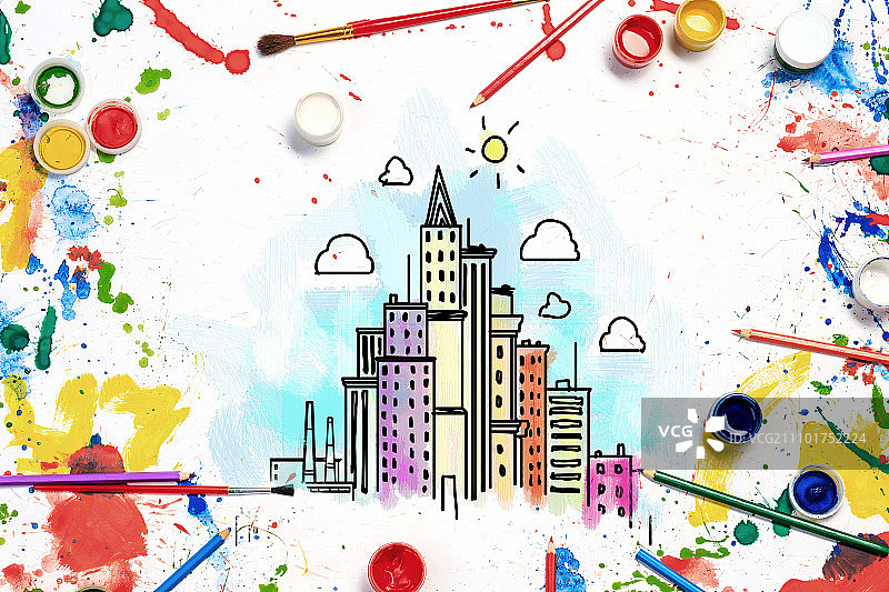 创意设计作品：白色纸上的建筑项目彩色草图图片素材