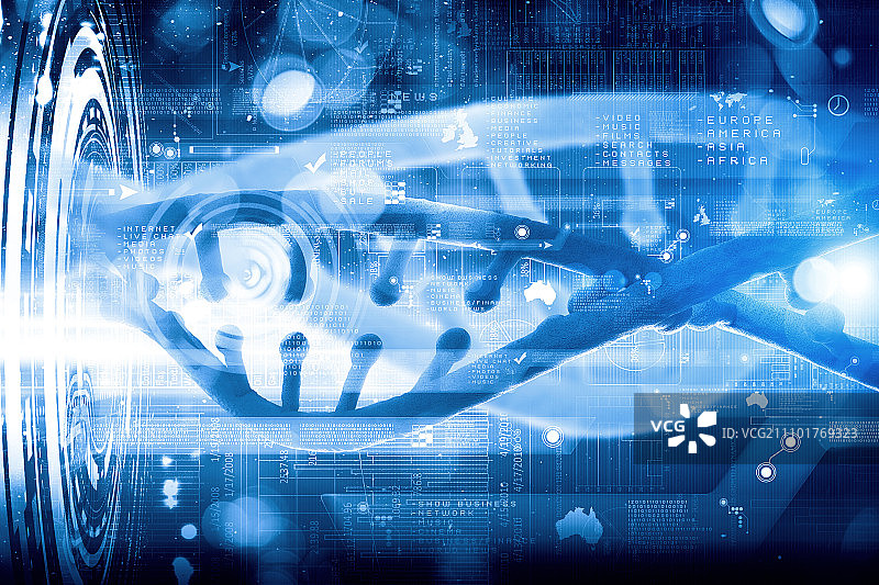 DNA 分子。具有数字蓝色 DNA 分子的生物化学概念图片素材