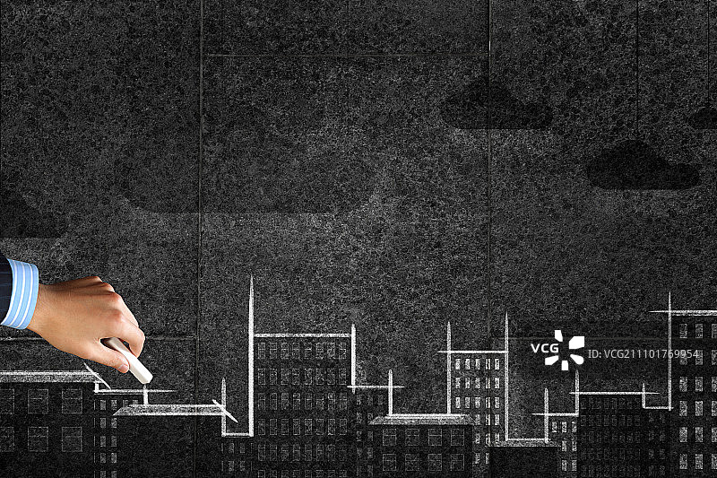 发展项目：手绘城市建筑粉笔画特写图片素材