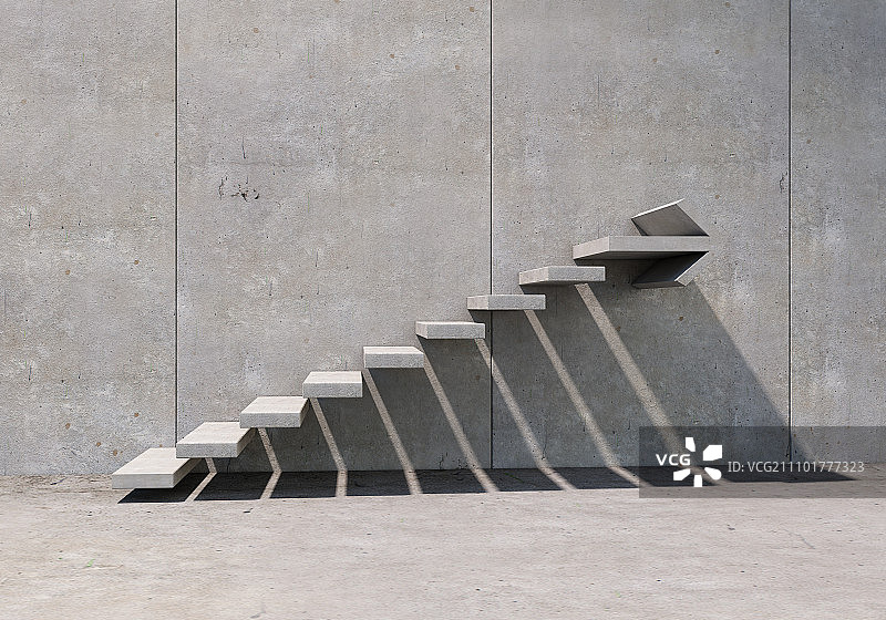 增长和进步概念：带有墙上阶梯图的混凝土房间图片素材