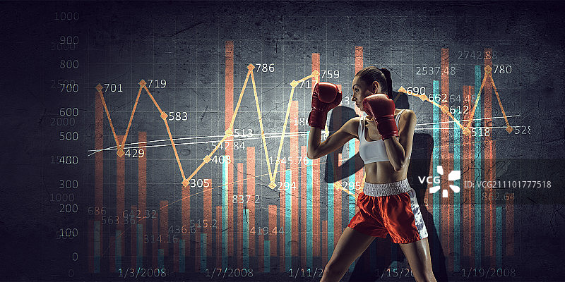 为销售业绩而战：拳击手与图表图片素材