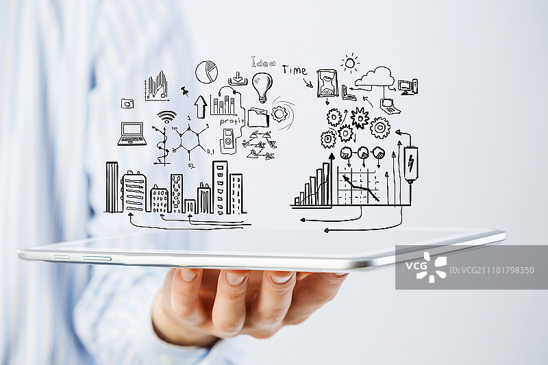 电子业务规划：商人手持平板电脑和商业创意草图图片素材