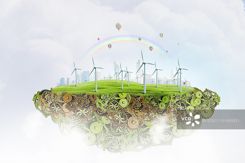 替代能源概念：风车齿轮岛屿生态图片素材