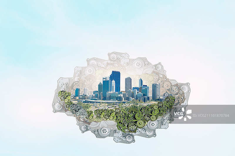现代城市概念：漂浮在天空中的齿轮绿色岛屿城市图片素材