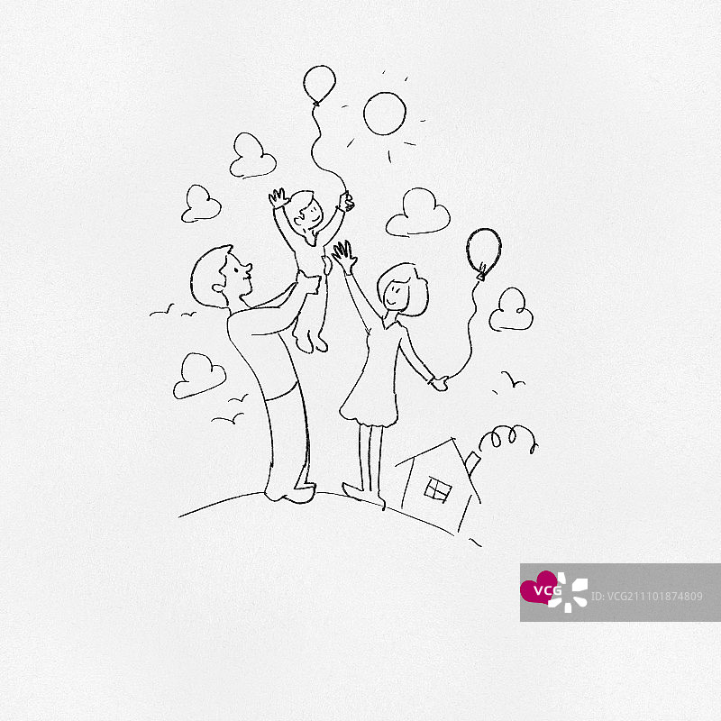 我爱我的家人：幸福的父母和孩子素描图片素材