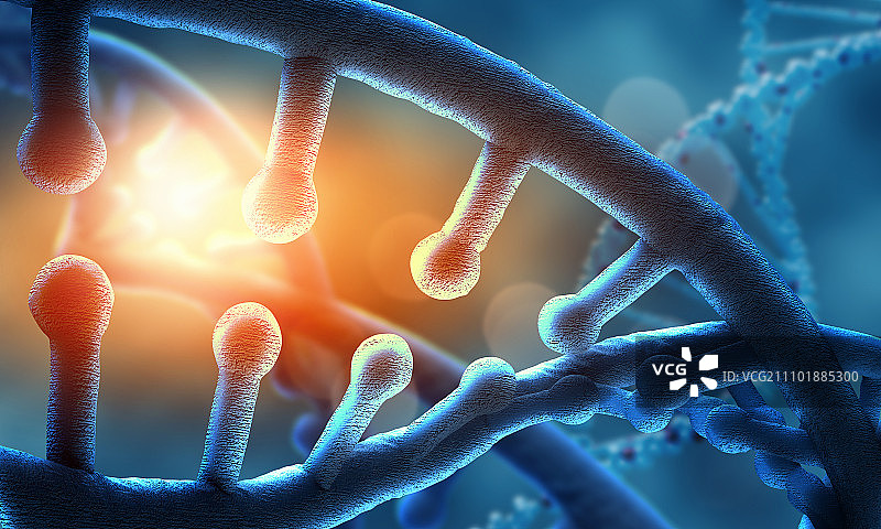 DNA分子概念图：蓝色背景上的生物化学科学概念图片素材