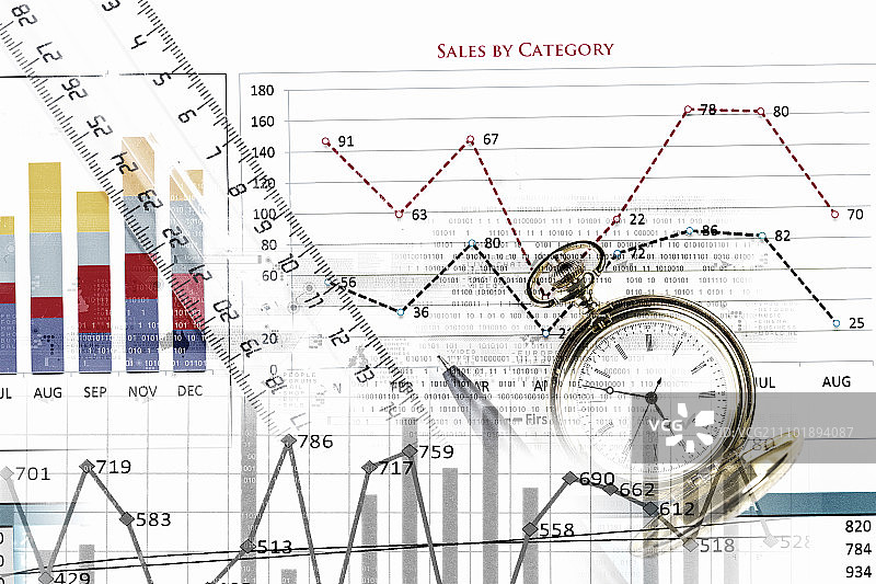 怀表和数字背景上的商业概念静物图片素材