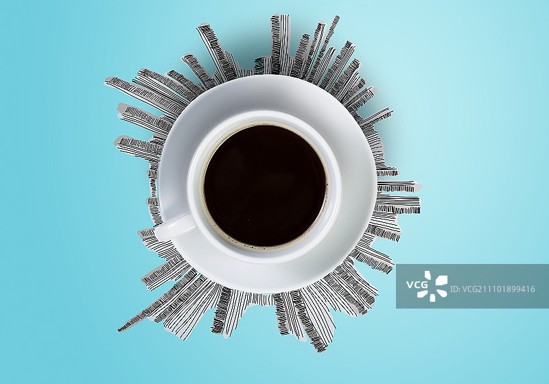 咖啡时间：白色咖啡杯和建筑草图图片素材