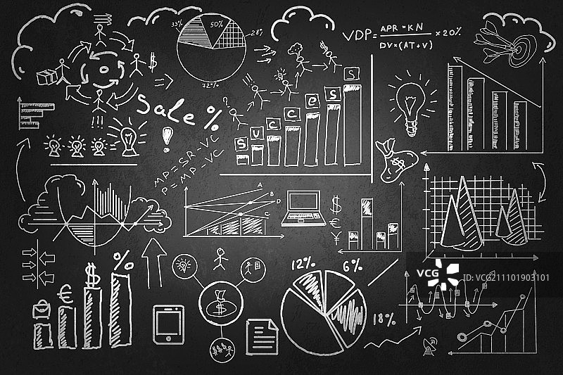 商务规划研讨会：以粉笔在黑板上绘制的商务战略计划为背景图像图片素材