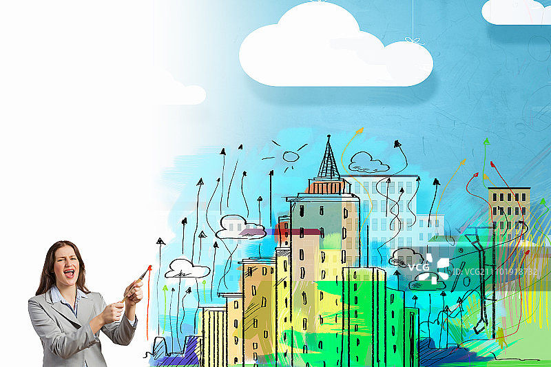 建筑设计师：年轻女性用画笔绘制建筑项目图片素材