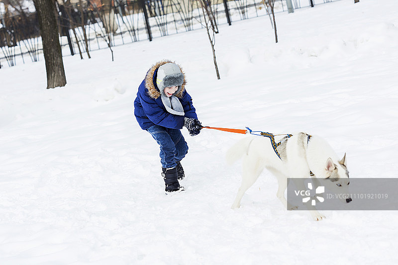 学龄儿童与小狗在冬季公园里，我最好的朋友和我图片素材