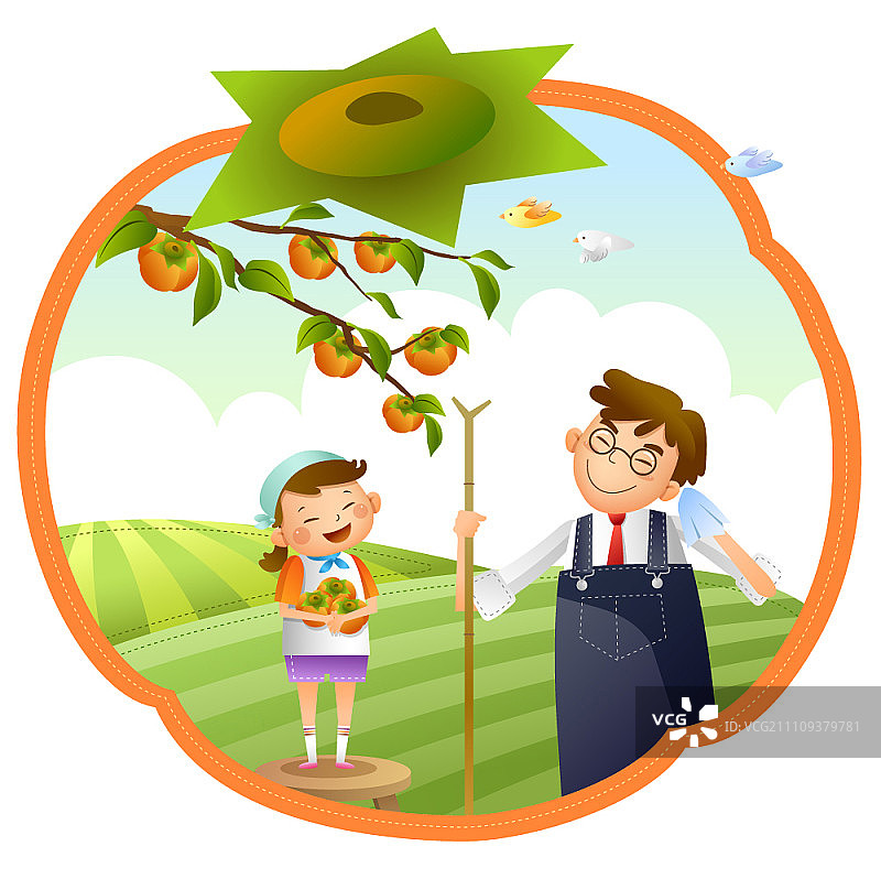 青年男子和女儿采摘柿子图片素材