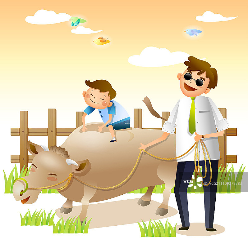年轻男子和他的儿子与牛图片素材