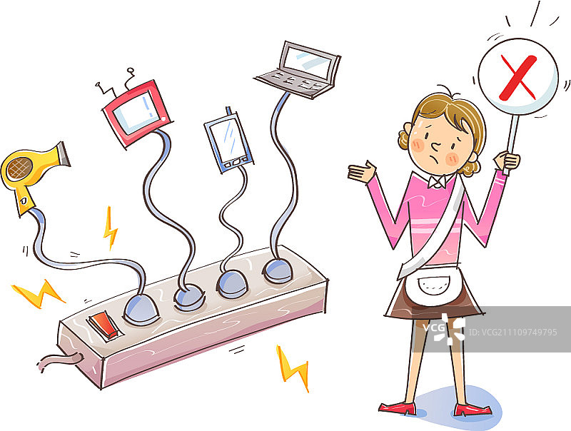 女孩拿着X形标志，背景是插入电源板的电器线图片素材