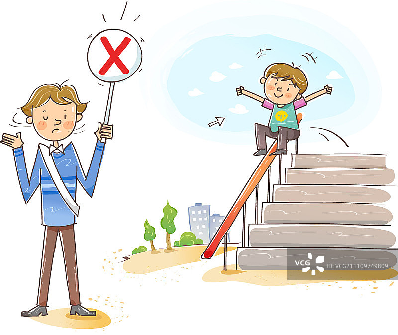 在楼梯上玩耍的淘气男孩图片素材