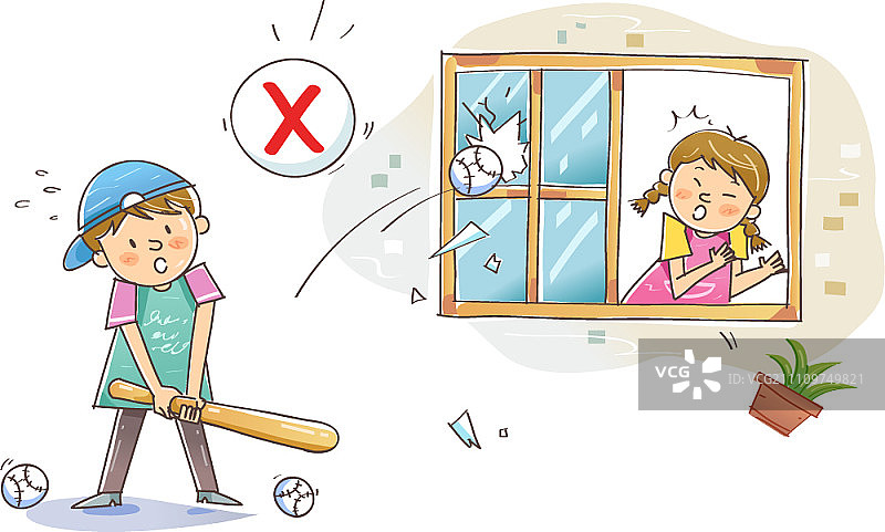 男孩用棒球打破窗户图片素材
