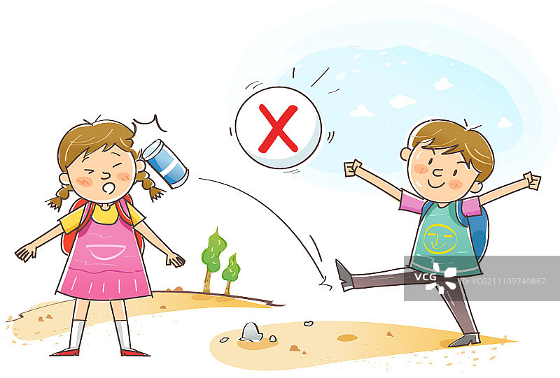 男孩踢罐子给女孩图片素材