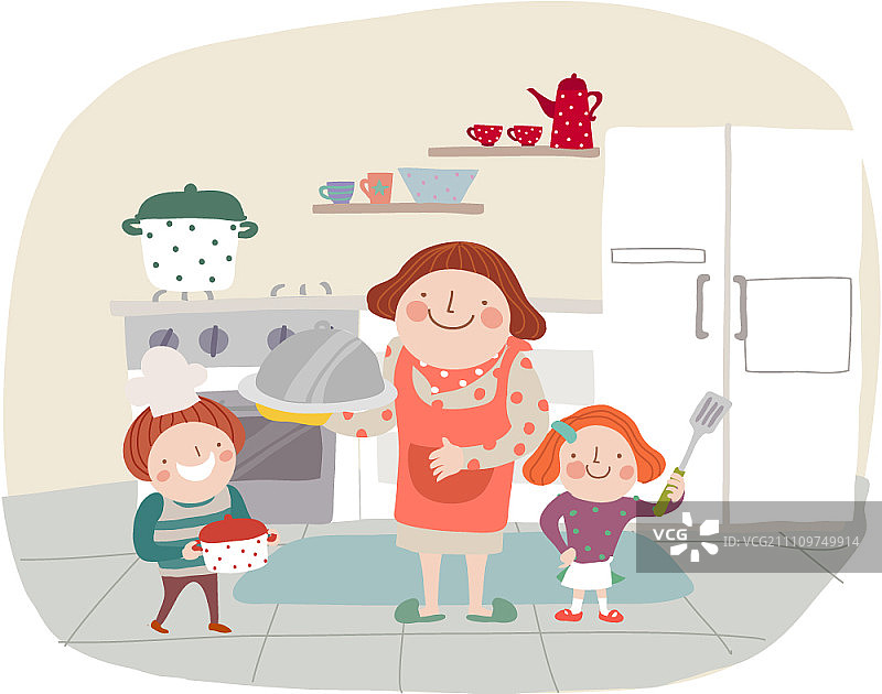 妈妈和孩子们在厨房做饭图片素材