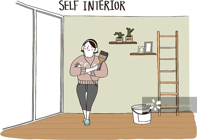 年轻女子在绘画后倚靠在墙上图片素材