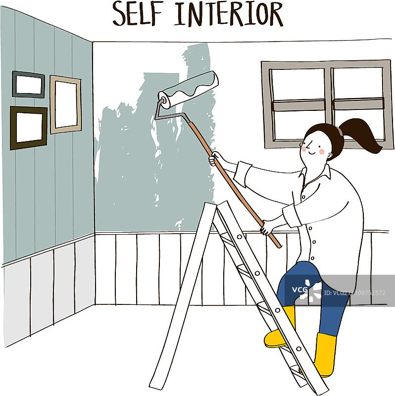 年轻女子粉刷客厅墙壁图片素材