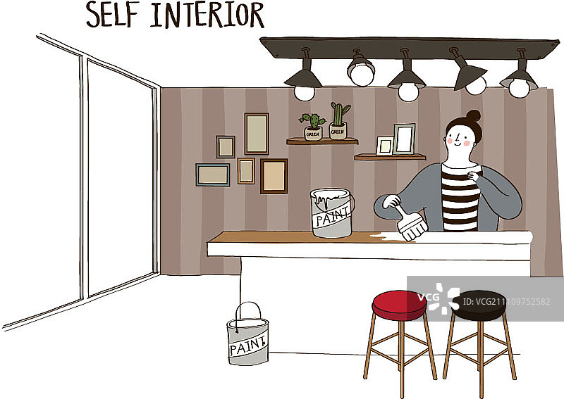 年轻女子粉刷厨房桌子图片素材