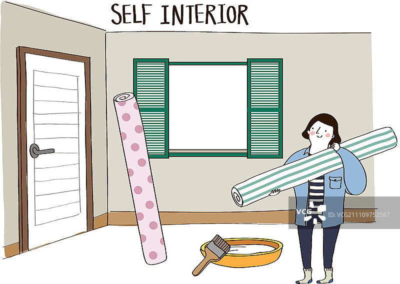 年轻女子用墙纸改造房间图片素材