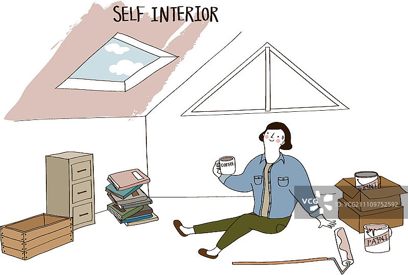 在阁楼里粉刷墙壁的年轻女人图片素材