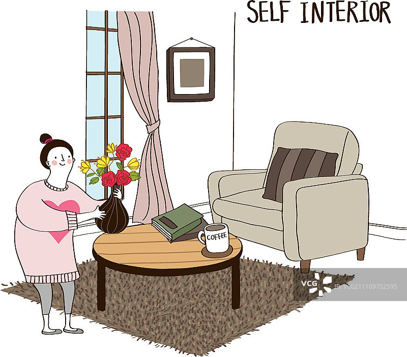 年轻女子在客厅里摆放花盆图片素材