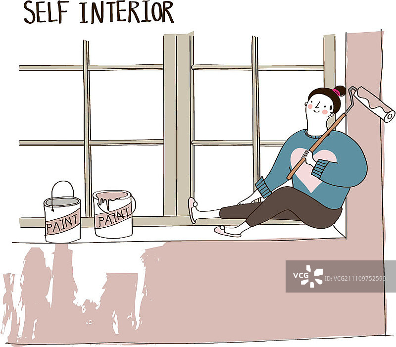 粉刷墙壁后在窗台上休息的年轻女人图片素材