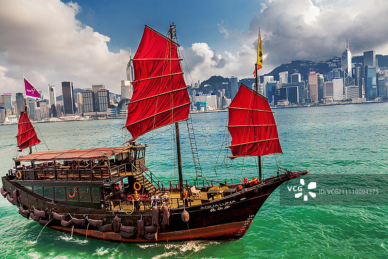 红色帆船行驶在维多利亚港，香港，中国图片素材