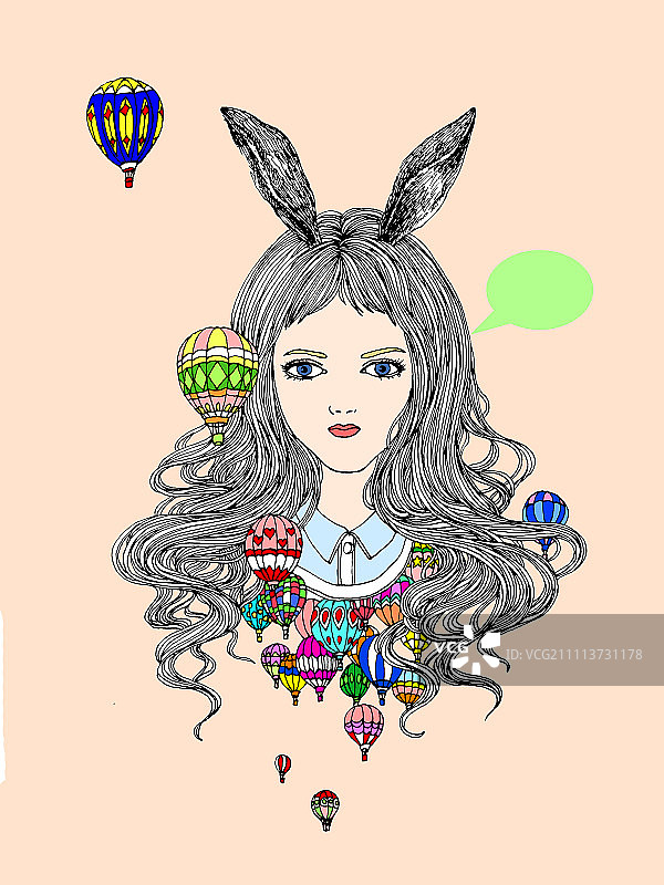 热气球兔耳少女图片素材