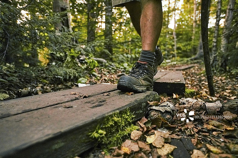 阿帕拉契小径上的徒步靴特写图片素材