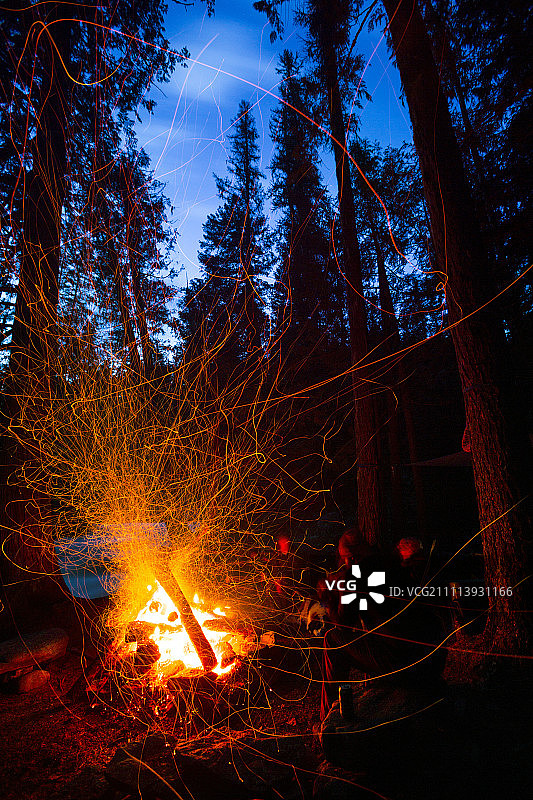 森林中篝火飞溅的火花图片素材