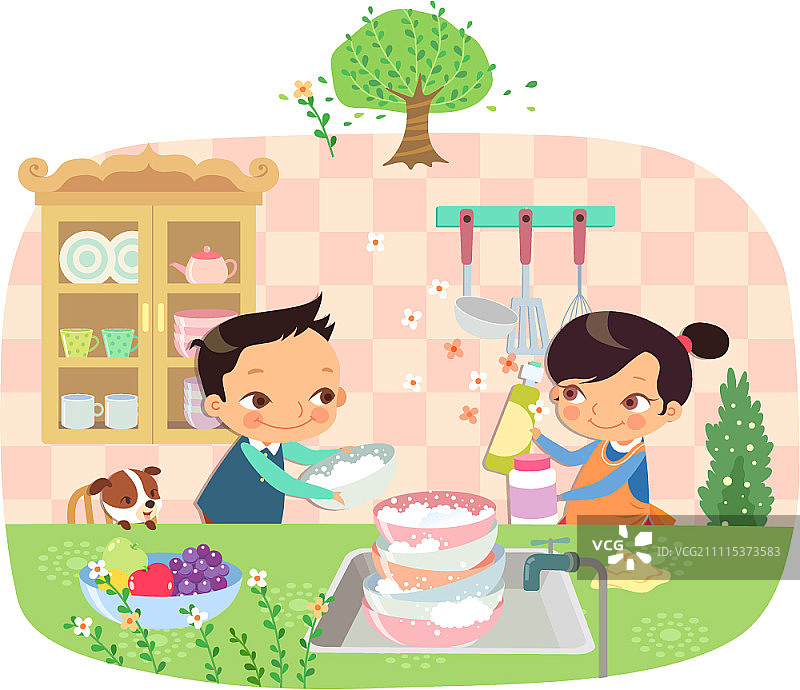 男孩和女孩用环保洗涤剂洗碗图片素材