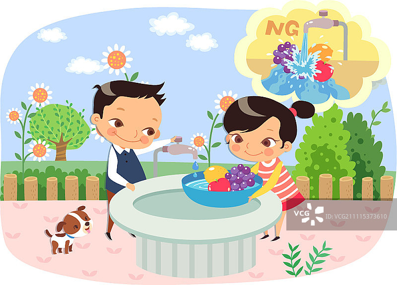 女孩在装满水的篮子里洗水果，男孩关掉水龙头图片素材