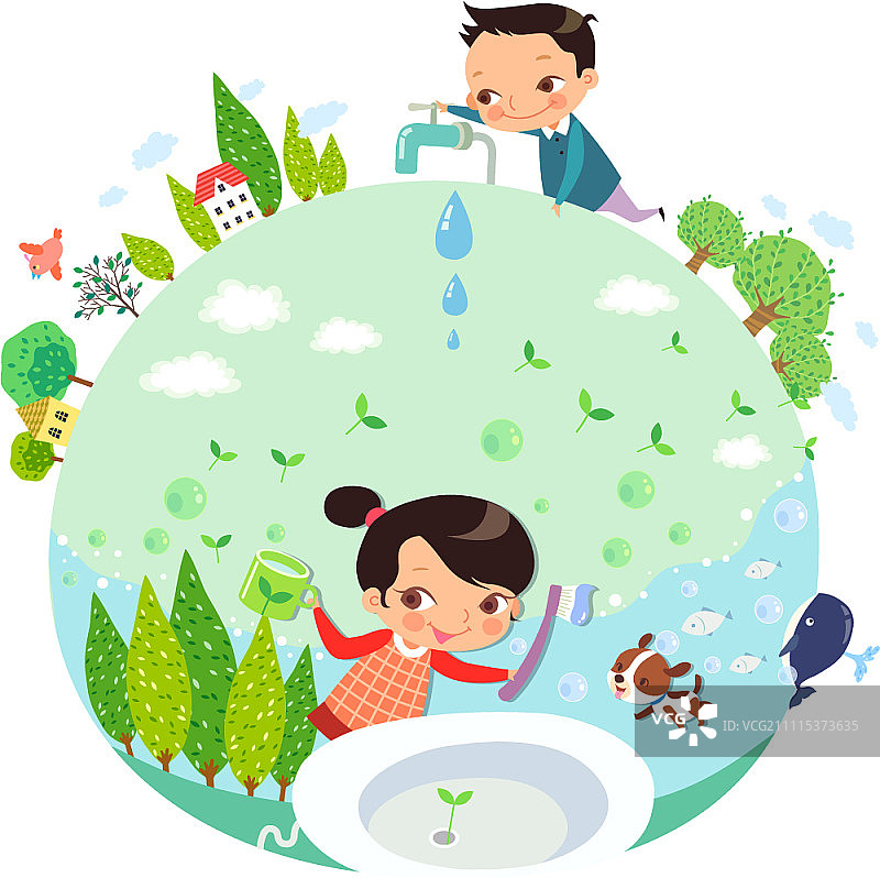 女孩刷牙，男孩关水龙头图片素材