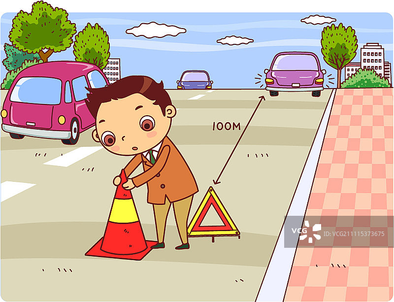 男人手持道路安全标志，汽车停放并开启应急灯图片素材