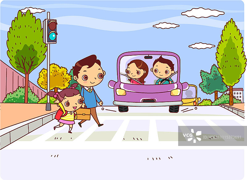 人行横道前等待的车辆与正在过马路的父女图片素材