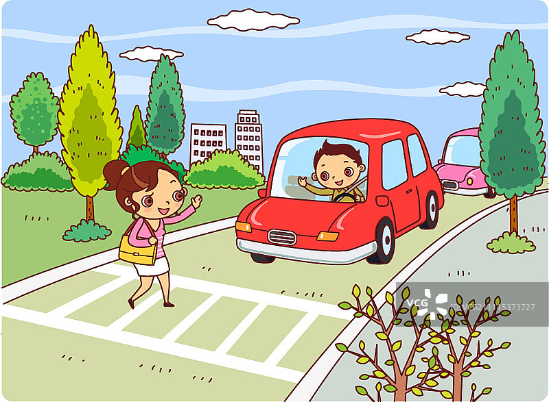 车辆等待时过马路的女人图片素材