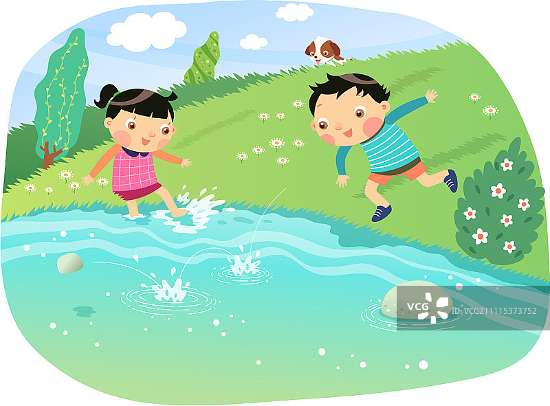 男孩向池塘扔石子，女孩站在水中图片素材