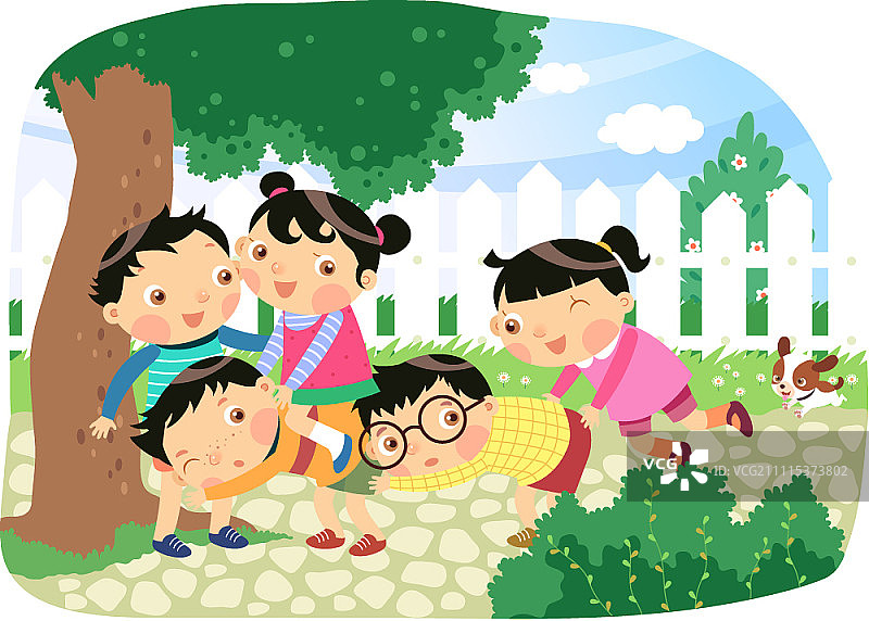 一群孩子在院子里的大树下玩跳山羊游戏图片素材