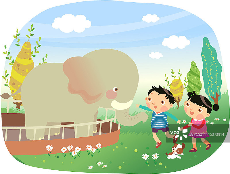 孩子们在动物园里看大象图片素材