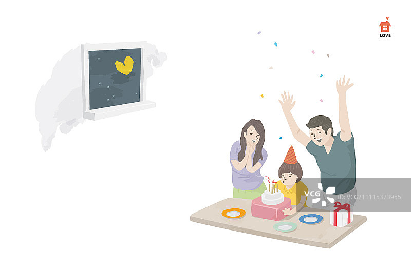 年轻父母庆祝儿子生日，孩子吹蛋糕上的蜡烛图片素材