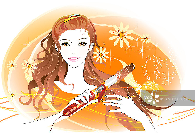 手持卷发棒的波浪发女人图片素材