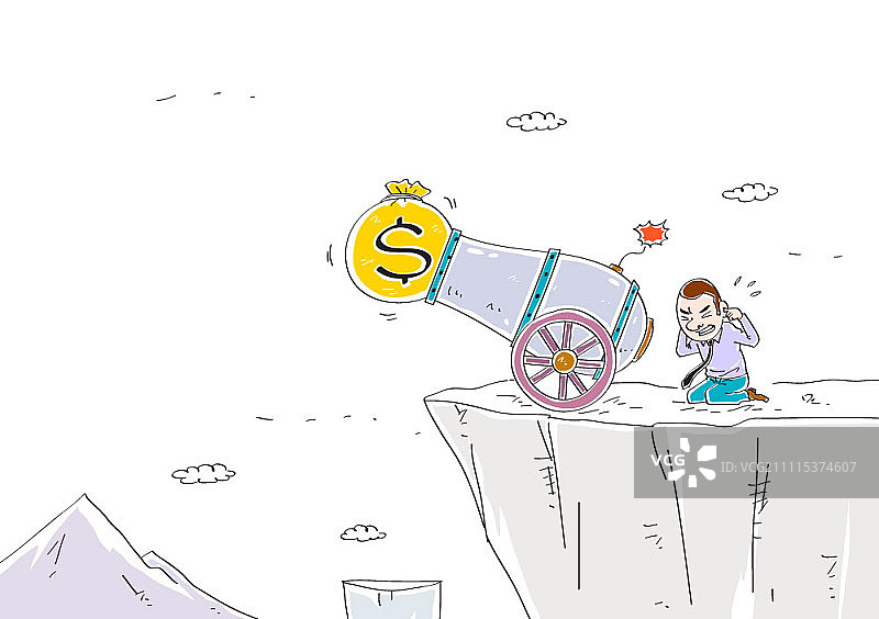 坐在大炮旁捂着钱袋的男人图片素材