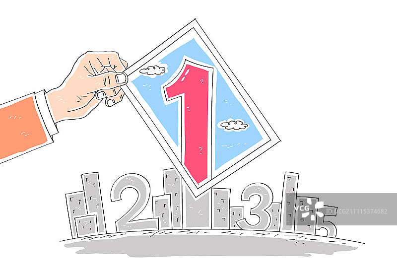 手持数字1照片，背景为单色城市景观图片素材