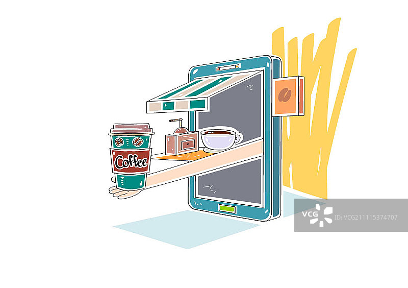 从智能手机伸出的手拿着一次性咖啡杯图片素材