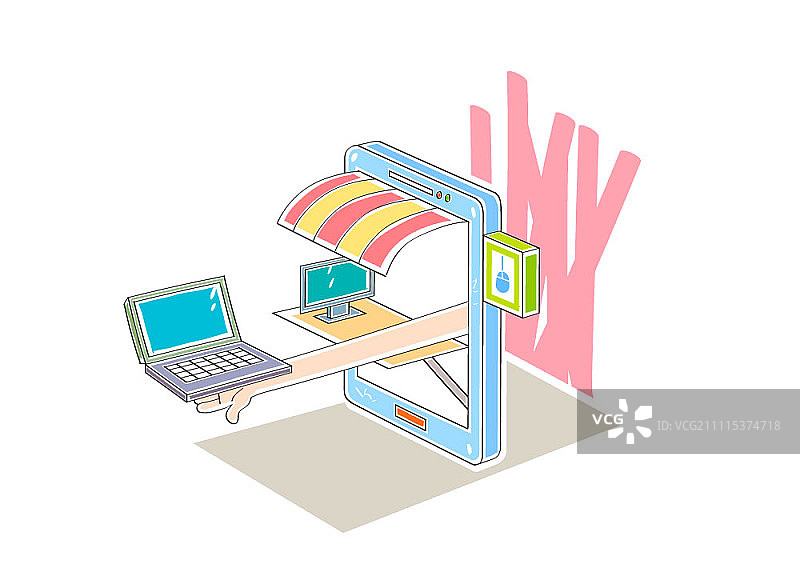 从智能手机伸出的手拿着笔记本电脑图片素材